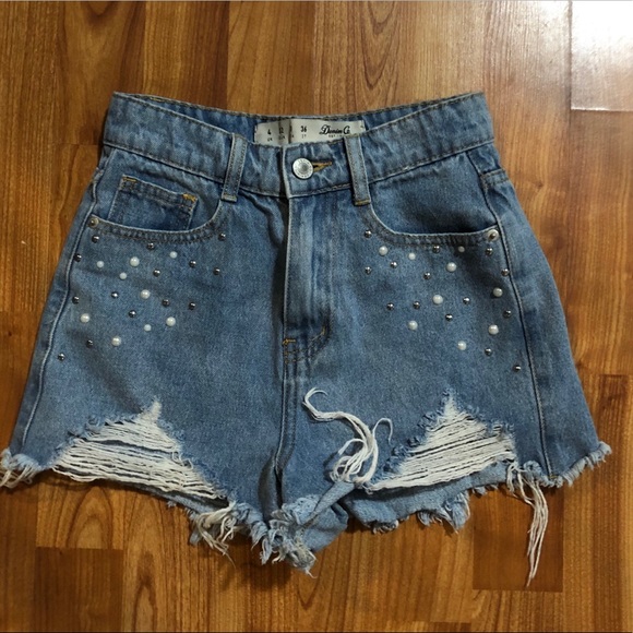 Denim&Co Pants - Denim & Co Studded & Pearl Distressed Jean Shorts